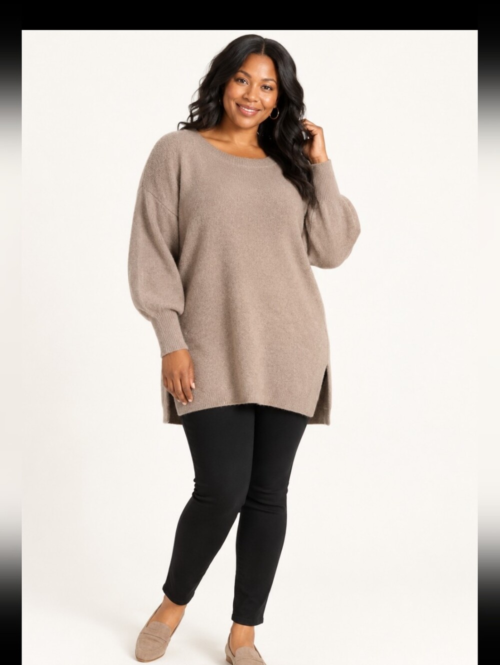 Stylus Women's XL Taupe Fuzzy Oversized Tunic Sweater Long Sleeve Side Slit NWT